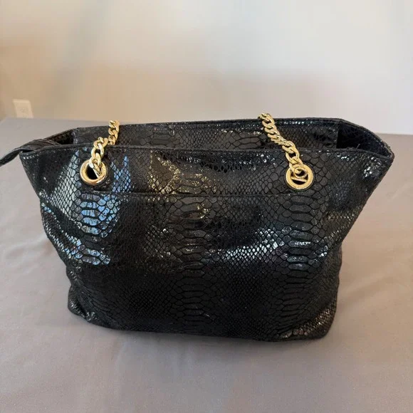 Michael Kors Jet Set Black Snakeskin Embossed Leather Chain Bag Gold Hardware - Picture 5 of 11